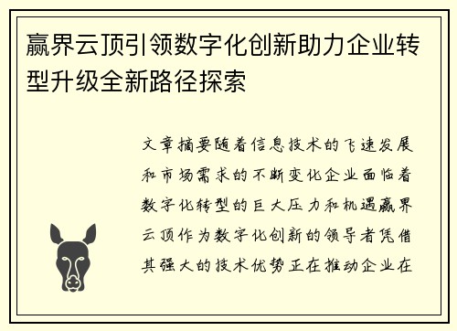 赢界云顶引领数字化创新助力企业转型升级全新路径探索