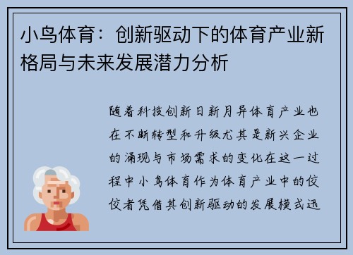 小鸟体育：创新驱动下的体育产业新格局与未来发展潜力分析